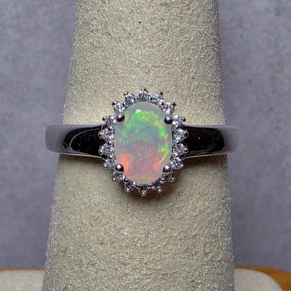 Size 7 Natural Ethiopian Opal 0.46ct Moissanite Halo Ring 925 Sterling Silver